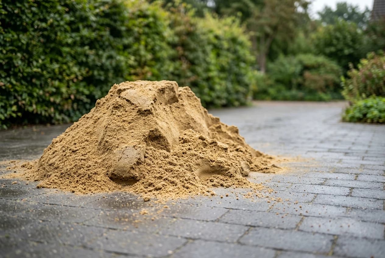 Verse hoop geel zand gestort op een klinkeroprit